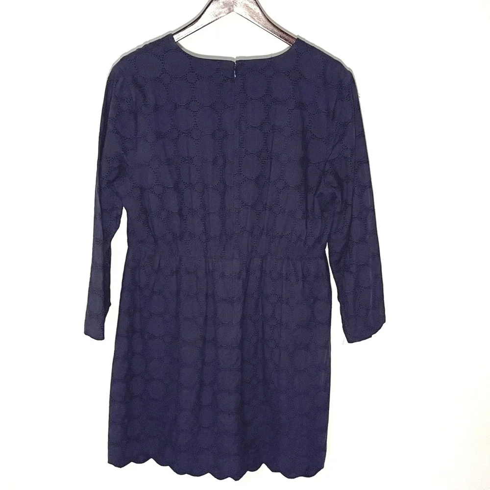 J Crew Navy Blue‎ Cotton Eyelet Dress V Neck 3/4 Sleeve Scalloped Hem Women's 14